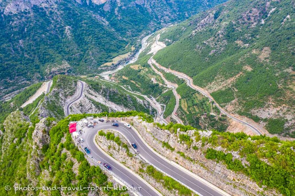 A drone photo of serpentines in the mountains of northern Albania