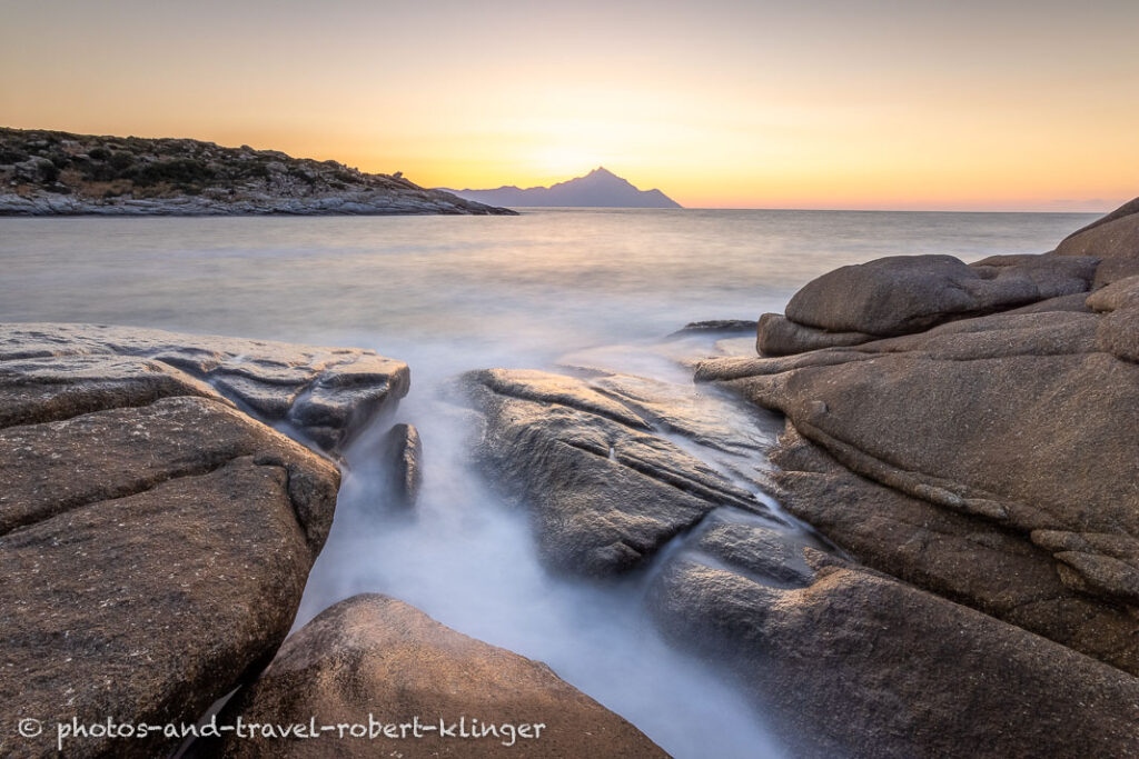 Long exposure photo of Mount Athos in Greece during sunrise