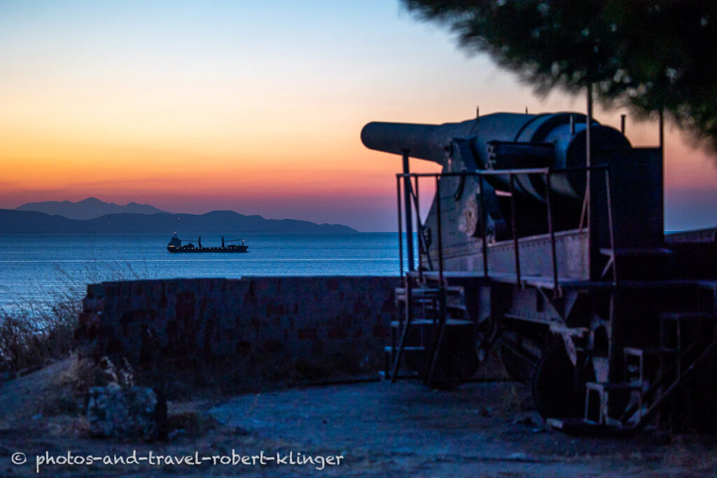 A big ship in the Dardanelles during sunset