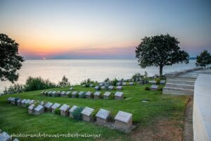 A military cemetery on the Gallipoli Peninsula during sunset